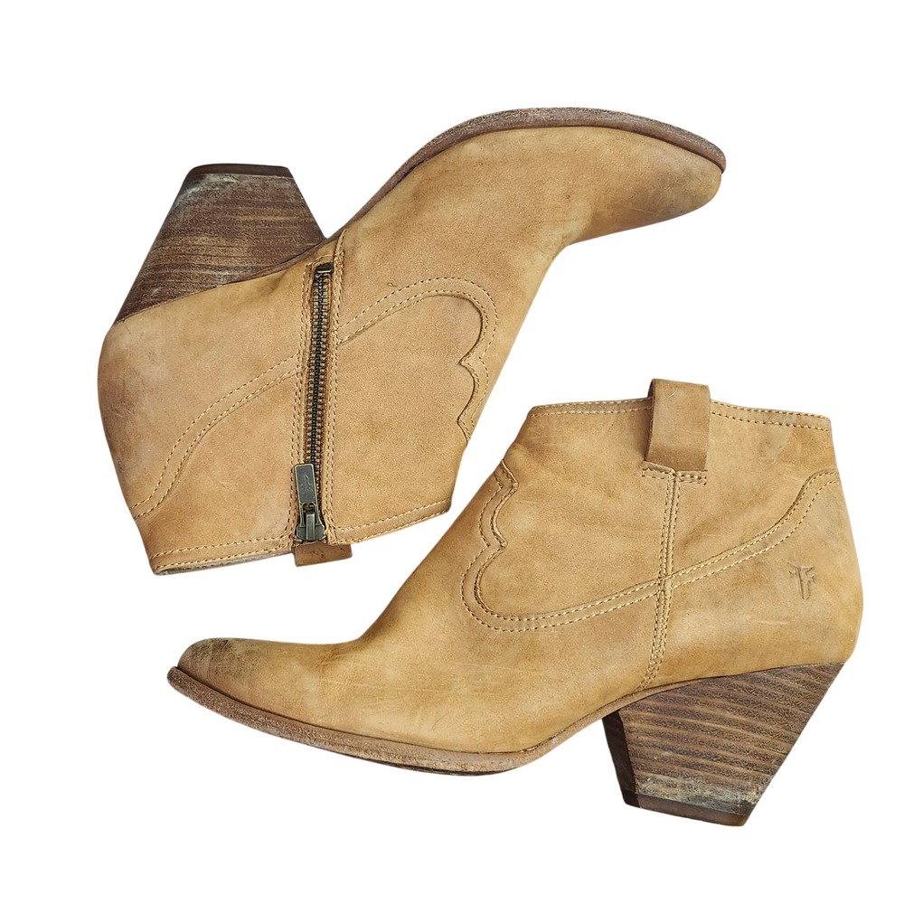 Frye Reina Bootie Tan Leather Western Ankle Boots 8M Pointed Toe Cuban Autumn
